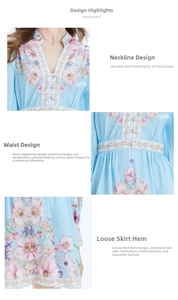 Détails du col en V, taille ajustée et imprimé fleuri sur robe en lin bleu clair