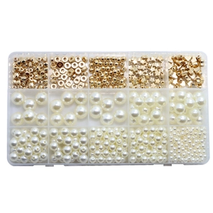 Detail of 15-grid storage box with gold-shaped beads and cream white faux pearls for DIY