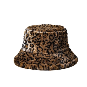 Faux rabbit fur bucket hat with brown leopard print pattern for winter warmth
