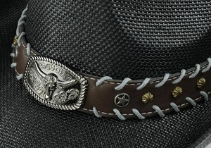 Detail of western cowboy hat with leather band, bull buckle and metal star studs