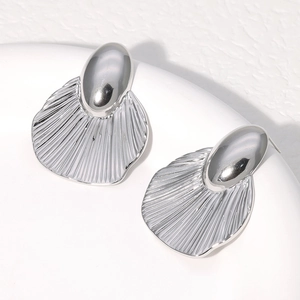 Minimalist silver stainless steel stud earrings with fan shaped textured design
