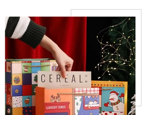 Detailed view of Christmas gift bag with festive snowman and lucky box illustrations