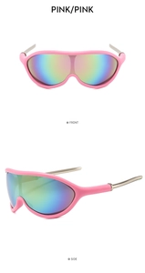 Front and side views of pink sports sunglasses with colorful iridescent lenses and metal temples