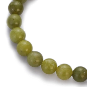 Close-up of natural green chalcedony beaded bracelet showing smooth polished texture