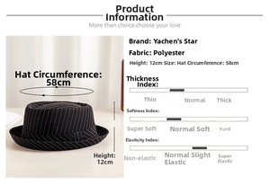 Polyester fedora hat detail showing 58cm circumference and 12cm height dimensions