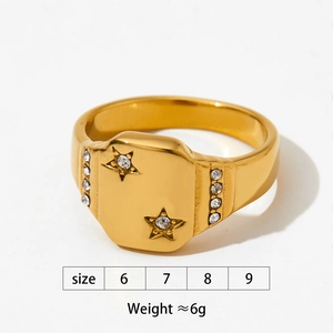 Macro shot of gold vintage ring featuring star-shaped rhinestones and polished metal texture