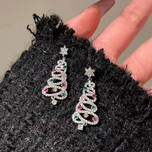 Sparkling Christmas tree stud earrings in S925 silver with colorful cubic zirconia