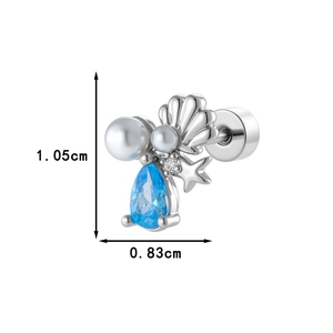Ocean series earring with blue zircon, shell, and pearl, dimensions 1.05cm by 0.83cm