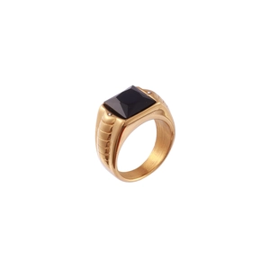 Vintage gold stainless steel signet ring with large square black gemstone for men and women