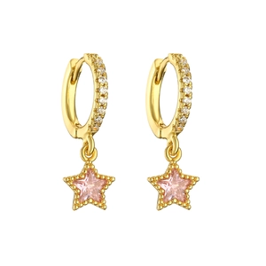 Elegant gold plated hoop earrings featuring pink star zircon pendants and micro pave stones