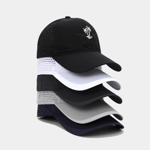 Detailed stack of breathable quick-dry baseball caps with coconut tree embroidery in five colors