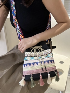 Women Ethnic Embroidery Bucket Bag Canvas Tassel Drawstring Crossbody With Wide Colorful Strap Bohemian Style