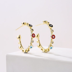 18K gold plated C-shaped hoop earrings with colorful evil eye charms and zircons