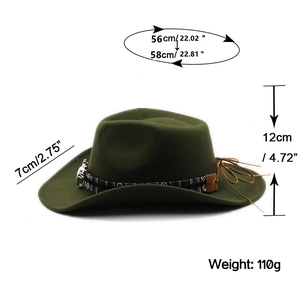 Detailed size chart for the dark green wool western cowboy hat with English dimensions
