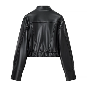 Slim fit black PU leather jacket for women with stand collar and long sleeves, back view