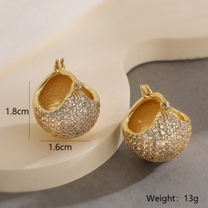 Close-up of gold geometric hoop earrings with cubic zirconia, size 1.8cm by 1.6cm