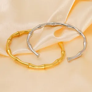 Stainless Steel Bamboo Joint Open Cuff Bangle Bracelet Adjustable Trendy Minimalist Non Fading Jewelry For Women