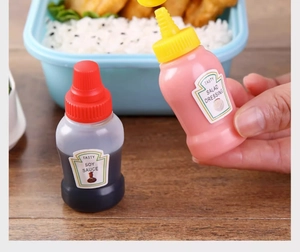 Mini portable squeeze sauce bottles for bento box with soy sauce and salad labels