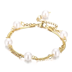 Double Layer Stainless Steel Bracelet With Imitation Artificial Pearl Red Green Beads Gold Plated Snake Chain Adjustable For Women