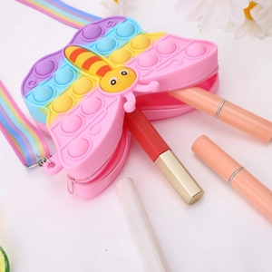 Rainbow butterfly silicone pop fidget crossbody bag for kids with adjustable strap