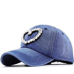 Heart Rhinestone Denim Baseball Cap Washed Distressed Cotton Adjustable Casual Outdoor Sun Hat For Women Fashion