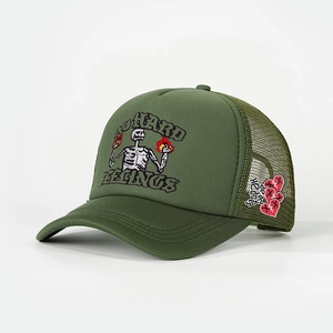 Army green mesh trucker hat featuring NO HARD FEELINGS embroidery and skeleton flame graphic