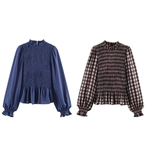 Navy blue and brown plaid smocked long sleeve shirts with ruffled high neck collar