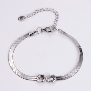 Silver stainless steel snake chain bracelet featuring a sparkling infinity symbol charm