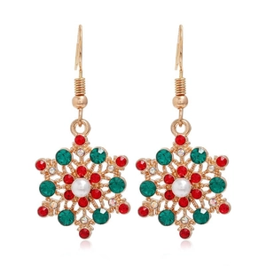 Detailed view of Christmas snowflake earrings with red green rhinestones and a white pearl