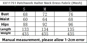 Detailed size chart for the mesh halter neck dress showing dimensions from S to L