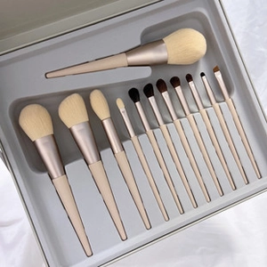 Macro shot of 13 professional champagne gold makeup brushes in a luxury gift box