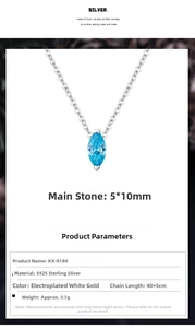 Detail of S925 silver necklace with a 5x10mm marquise cut blue zircon pendant