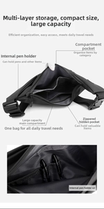 Detailed interior view of waterproof crossbody bag with pen slots and storage layers