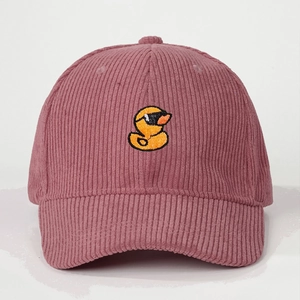 Close-up of cute cartoon duck embroidery on a pink corduroy baseball cap detail