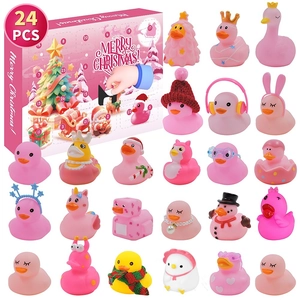 Pink Christmas advent calendar with 24 different themed rubber ducks for kids' holiday fun