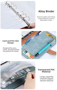 Detail of binder notebook featuring alloy rings, card slots, and transparent PVC pockets