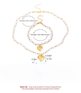 Size chart showing dimensions for baroque pearl heart necklace and bracelet jewelry set
