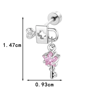 Silver stud earrings with heart lock and key pendant featuring a pink star gemstone