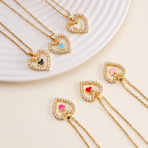 Luxury Copper Rhinestone Heart Pendant Necklace Elegant Colorful Enamel Heart Clavicle Chain For Women Daily Party Jewelry