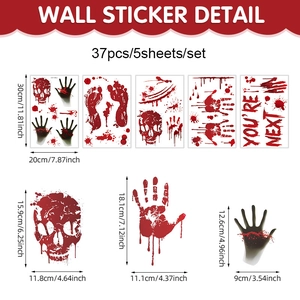 Stickers muraux Halloween avec 37 empreintes de mains sanglantes crânes et horreur