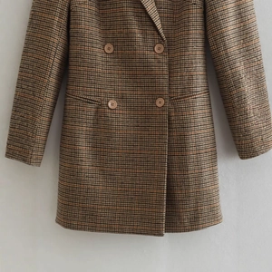 Veste de blazer vintage à double boutonnage pour femme avec motif écossais marron chic