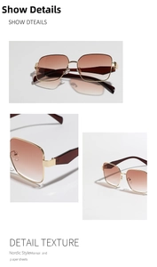 Detail view of large metal square sunglasses with gradient brown lenses and gold frame