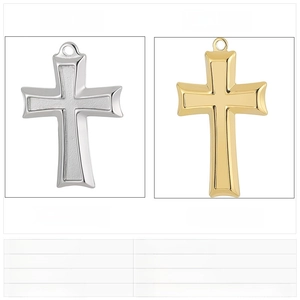 Polished stainless steel cross pendants in gold and silver showing size and weight details