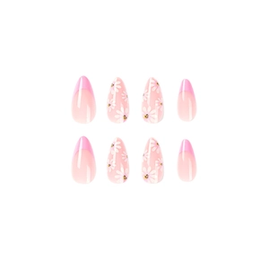 Pink French almond press-on nails with white daisy floral design on white background