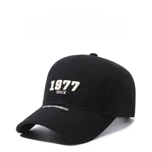 Detailed view of 1977 SINCE 3D embroidery on black twill cotton baseball cap