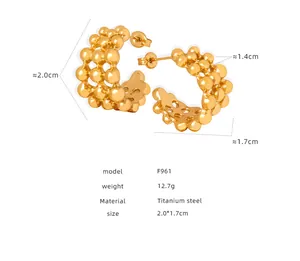 Detailed size chart for F961 titanium steel gold hoop earrings with bead textures
