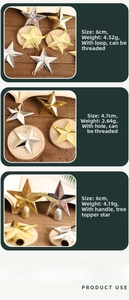 Vista dettagliata di decorazioni a stella di Natale oro e argento con dimensioni e pesi.