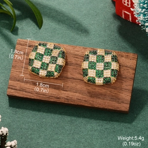 Detail showing green and white checkered square earrings with dimensions 1.8cm x 1.8cm