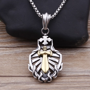 Hip hop stainless steel shield pendant necklace with gold sword and hollow cross design