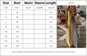 Detailed size chart for the colorful gradient maxi dress showing S to 5XL dimensions